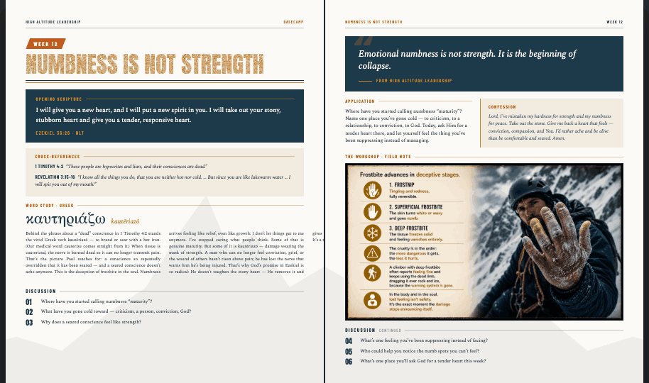 Basecamp men's devotional interior spread — Week 12: Numbness Is Not Strength